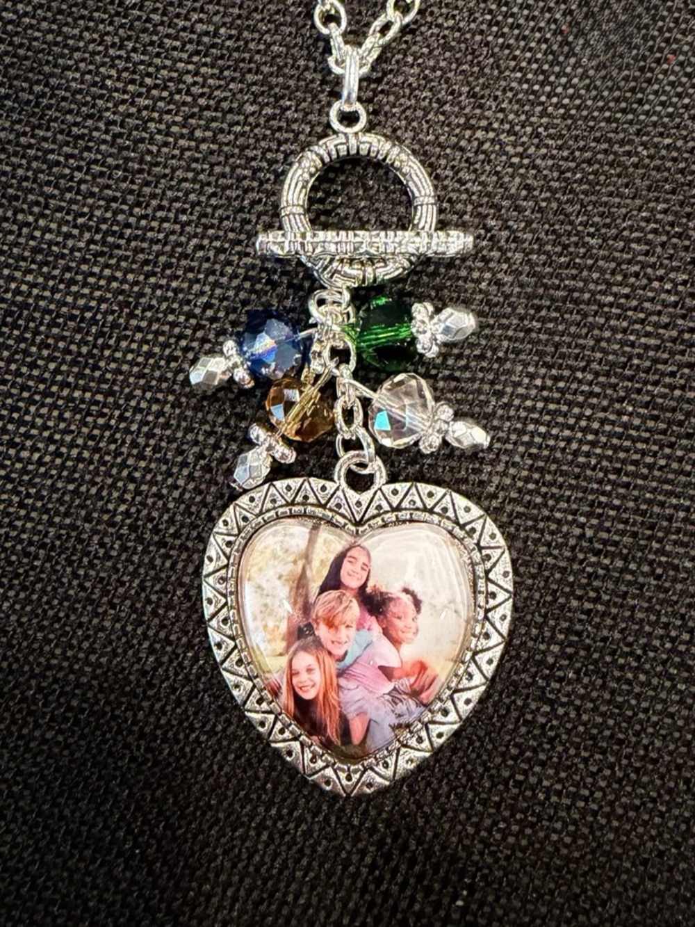 Silver Heart Photo Locket Necklace with Multicolor Crystal Charms
